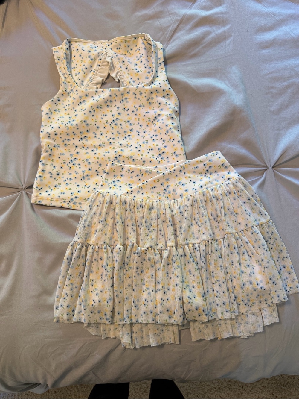 Girls Floral Tiered Skirt and Tank Set - White with Blue Floral